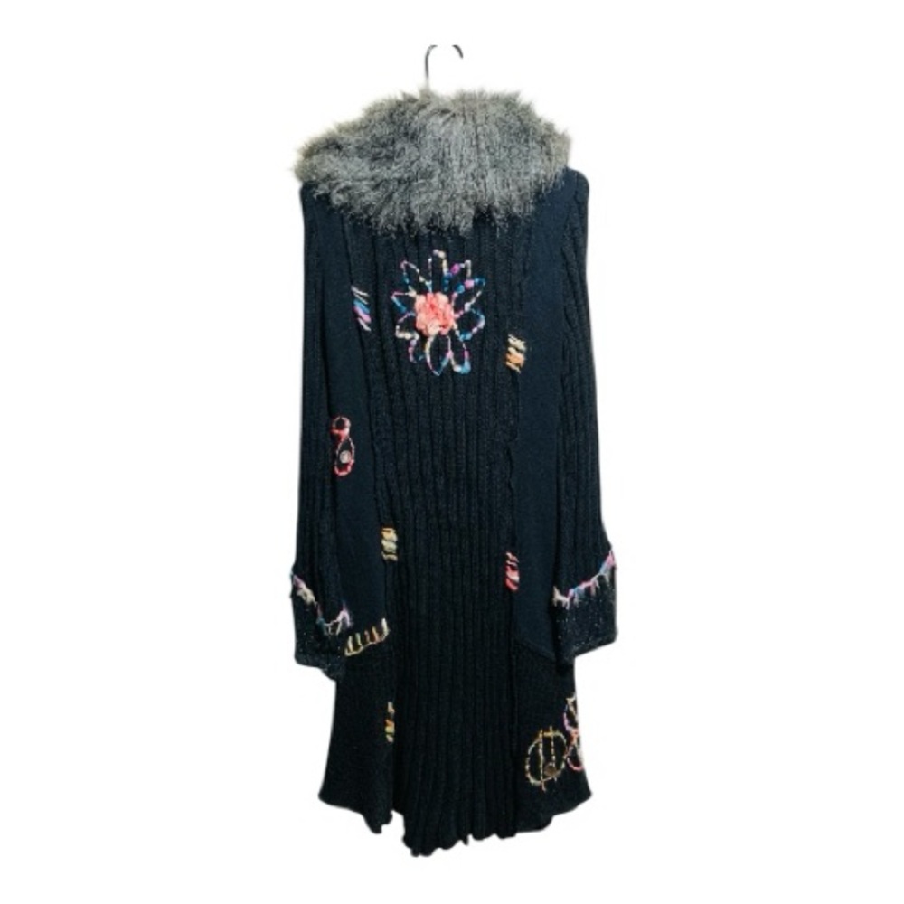Moka’s Bohemian Woven Sweater with Faux Fur Collar and Colorful Embroidery Sz XL - Picture 2 of 8
